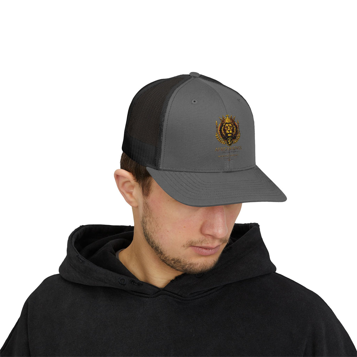 Lion Crest Snapback Trucker Cap — Vintage Regal Crest Embroidered Mesh Hat