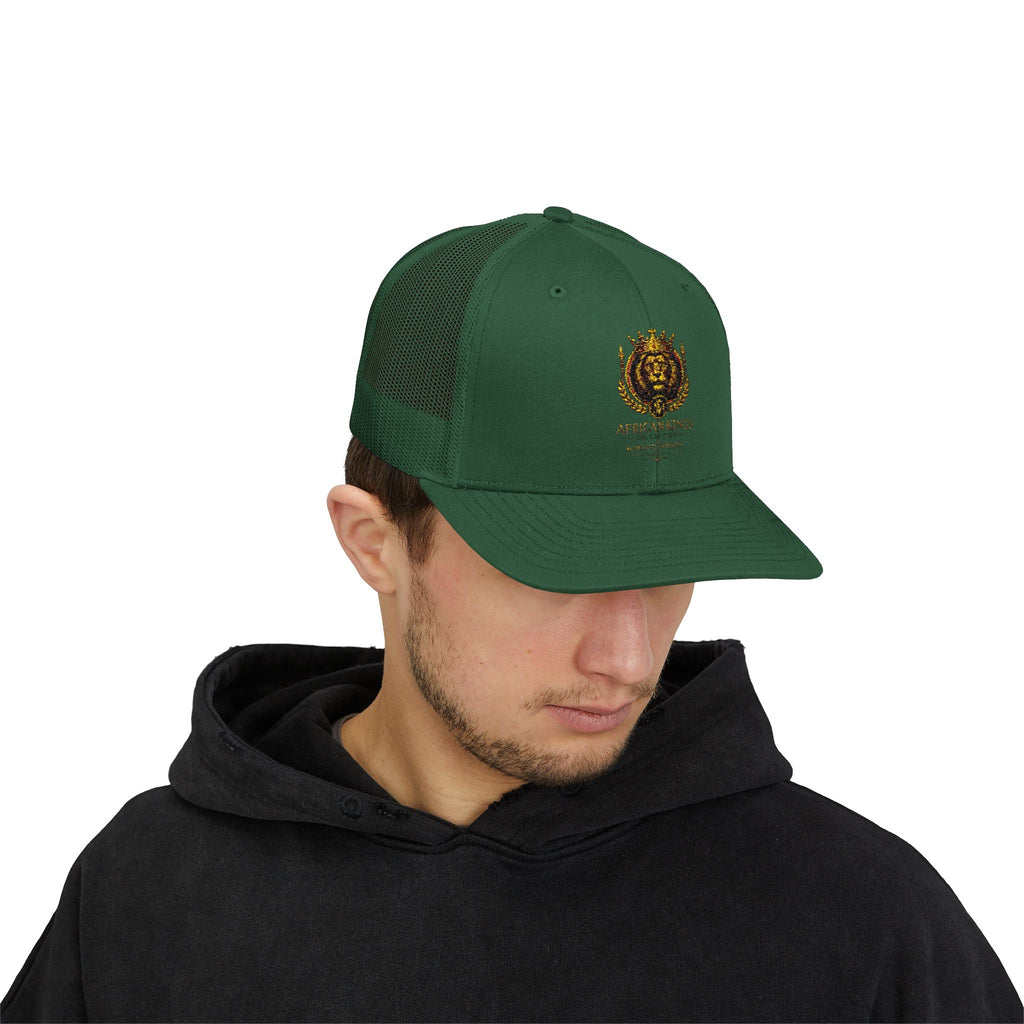 Lion Crest Snapback Trucker Cap — Vintage Regal Crest Embroidered Mesh Hat