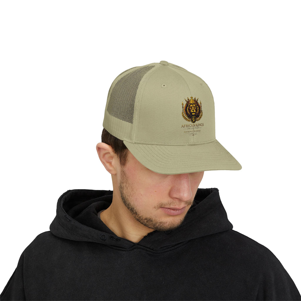 Lion Crest Snapback Trucker Cap — Vintage Regal Crest Embroidered Mesh Hat