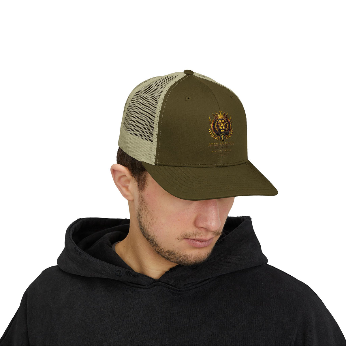 Lion Crest Snapback Trucker Cap — Vintage Regal Crest Embroidered Mesh Hat