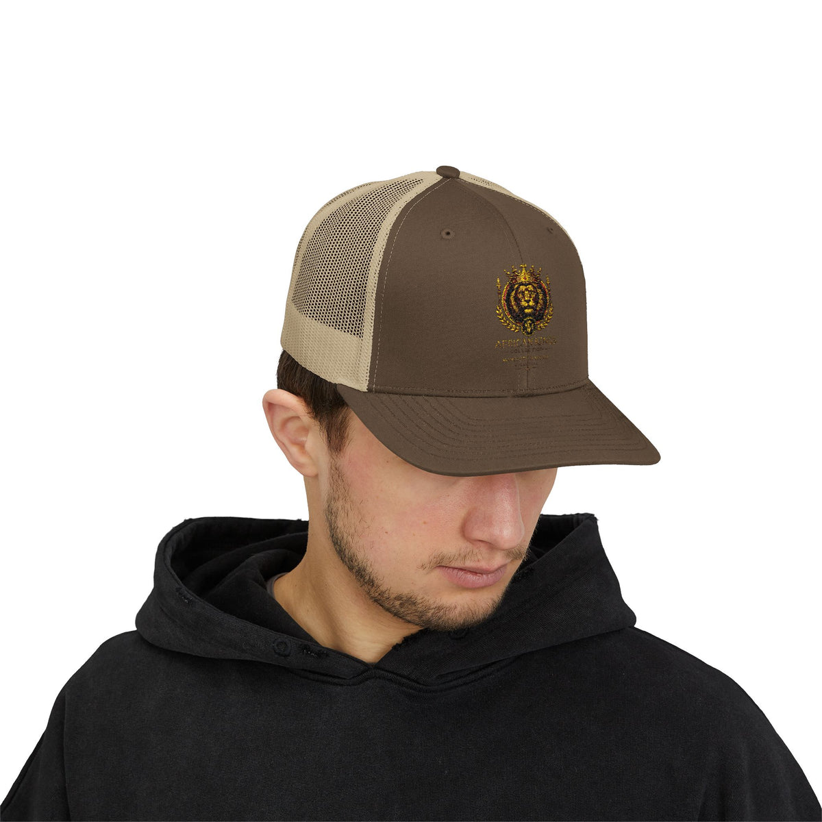 Lion Crest Snapback Trucker Cap — Vintage Regal Crest Embroidered Mesh Hat