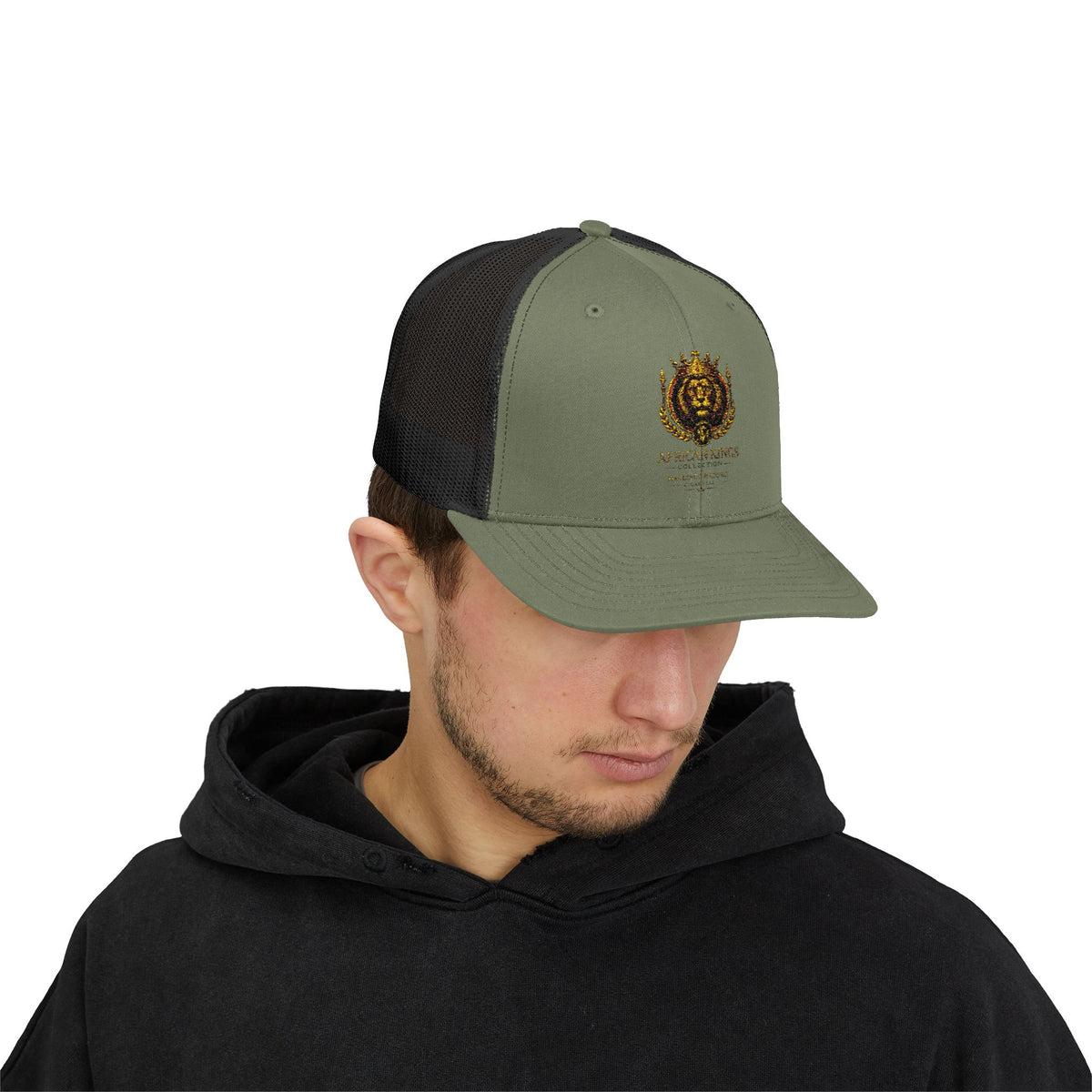 Lion Crest Snapback Trucker Cap — Vintage Regal Crest Embroidered Mesh Hat