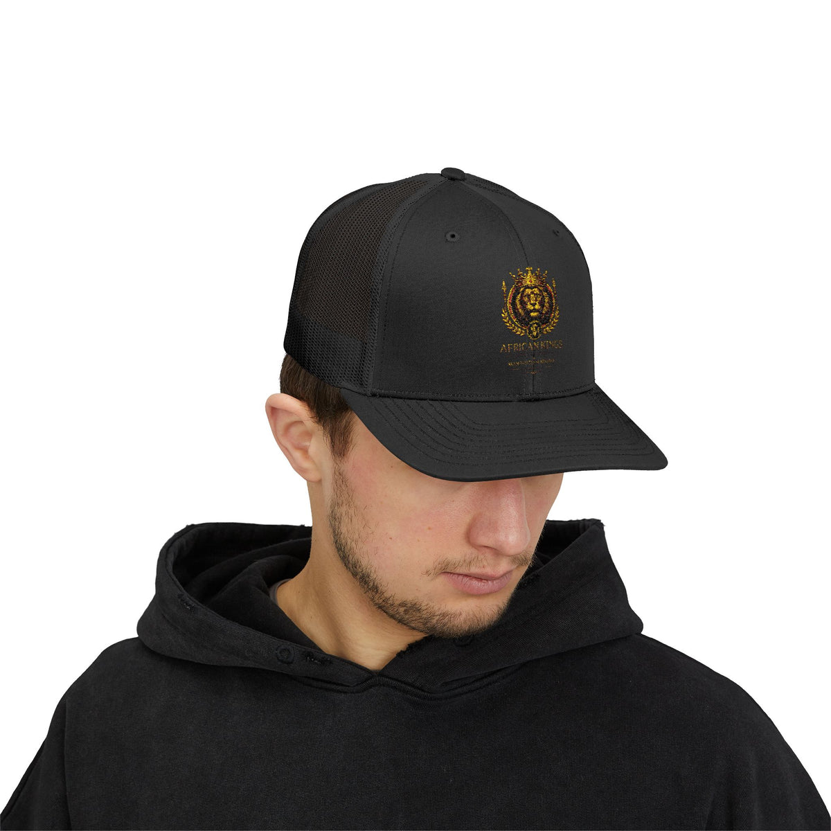 Lion Crest Snapback Trucker Cap — Vintage Regal Crest Embroidered Mesh Hat