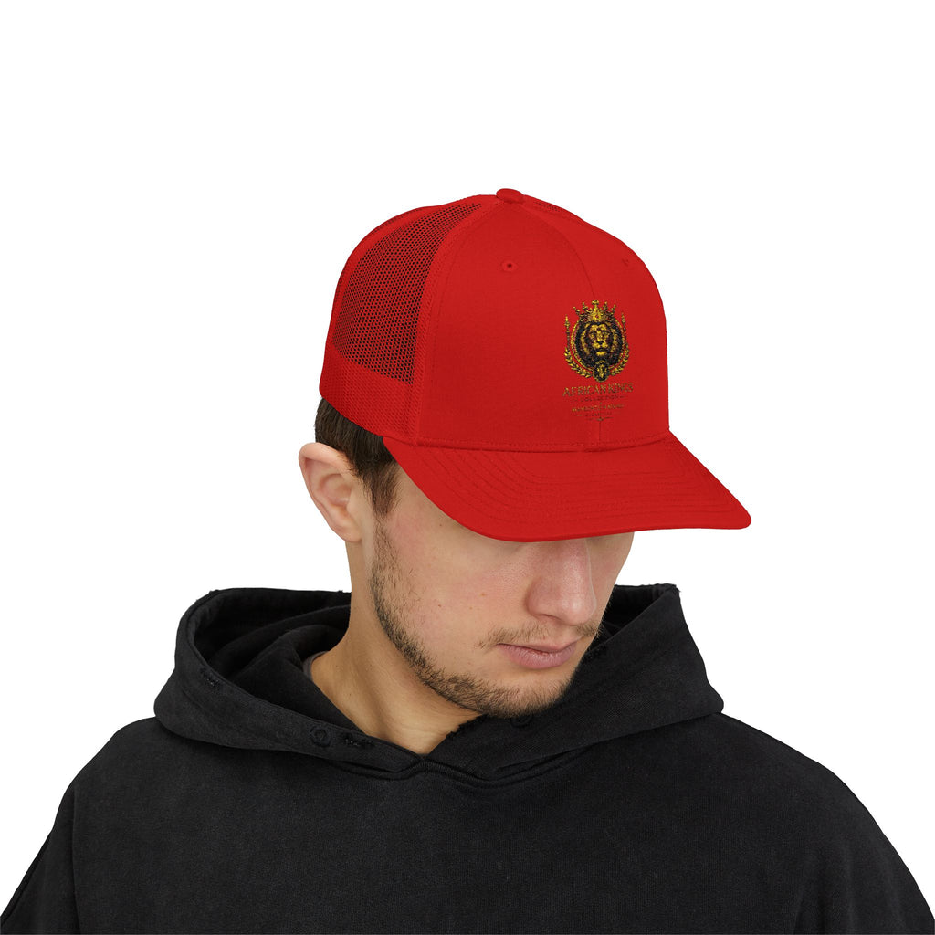 Lion Crest Snapback Trucker Cap — Vintage Regal Crest Embroidered Mesh Hat