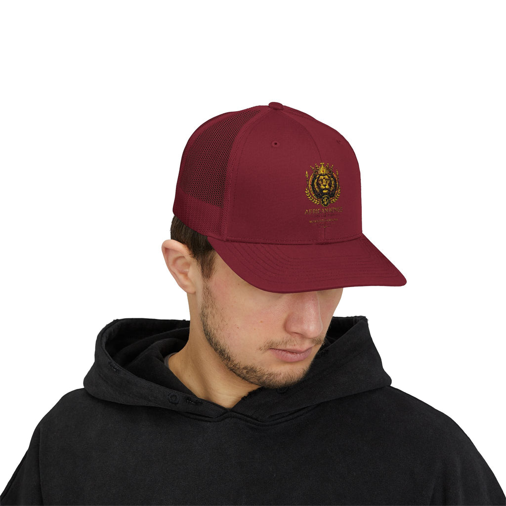 Lion Crest Snapback Trucker Cap — Vintage Regal Crest Embroidered Mesh Hat