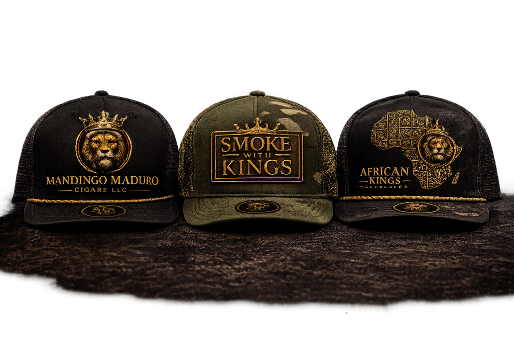 Mandingo Maduro Cigars LLC black trucker hat with gold crowned lion logo