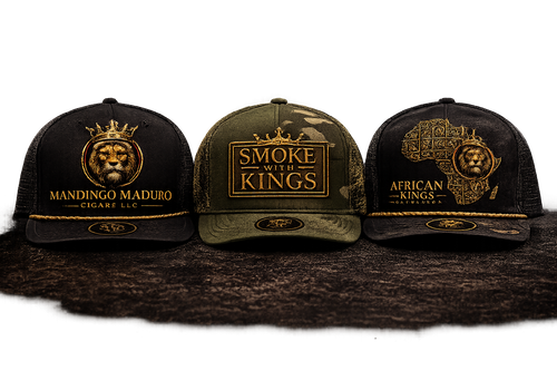 Mandingo Maduro Cigars LLC black trucker hat with gold crowned lion logo