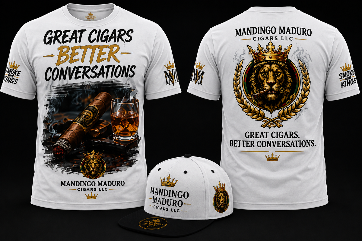 Great Cigars Better Conversations White Tee - Front and Back with Hat