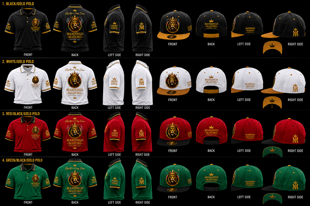 CEO Polo all colorways - Black Gold, White Gold, Red Black Gold, Green Black Gold - Front Back Left Right with Matching Snapbacks