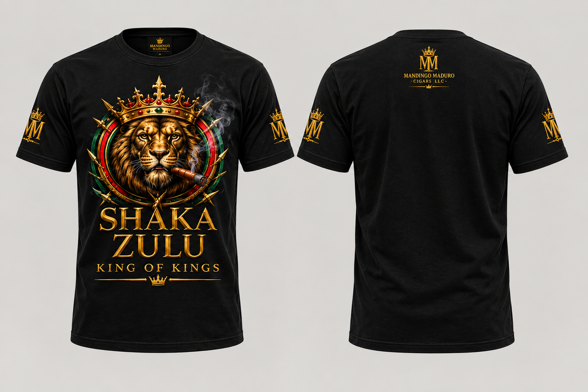 Shaka Zulu T-shirt front-and-back mockup preview